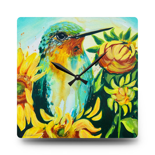 Acrylic Wall Clock - Hummingbird with Sunflowers