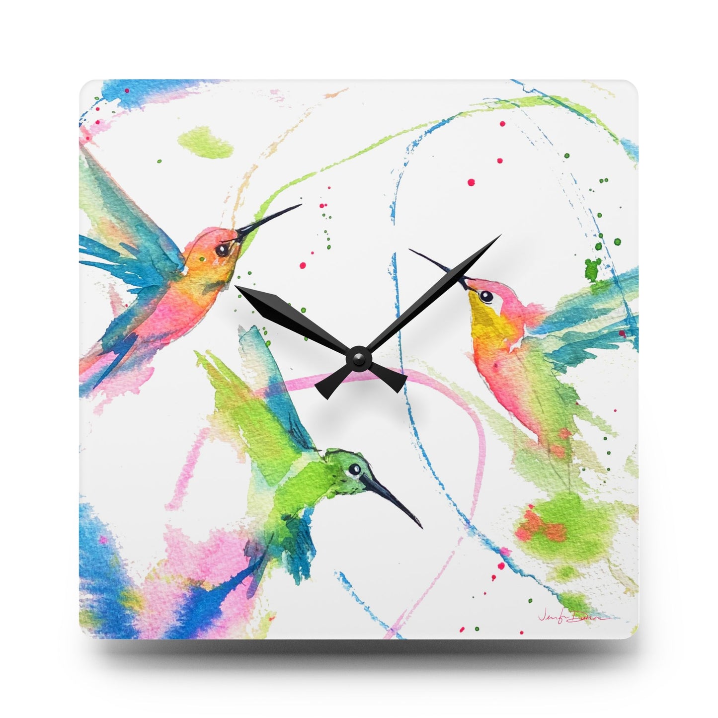 Acrylic Wall Clock - Hummingbird Trio Painting