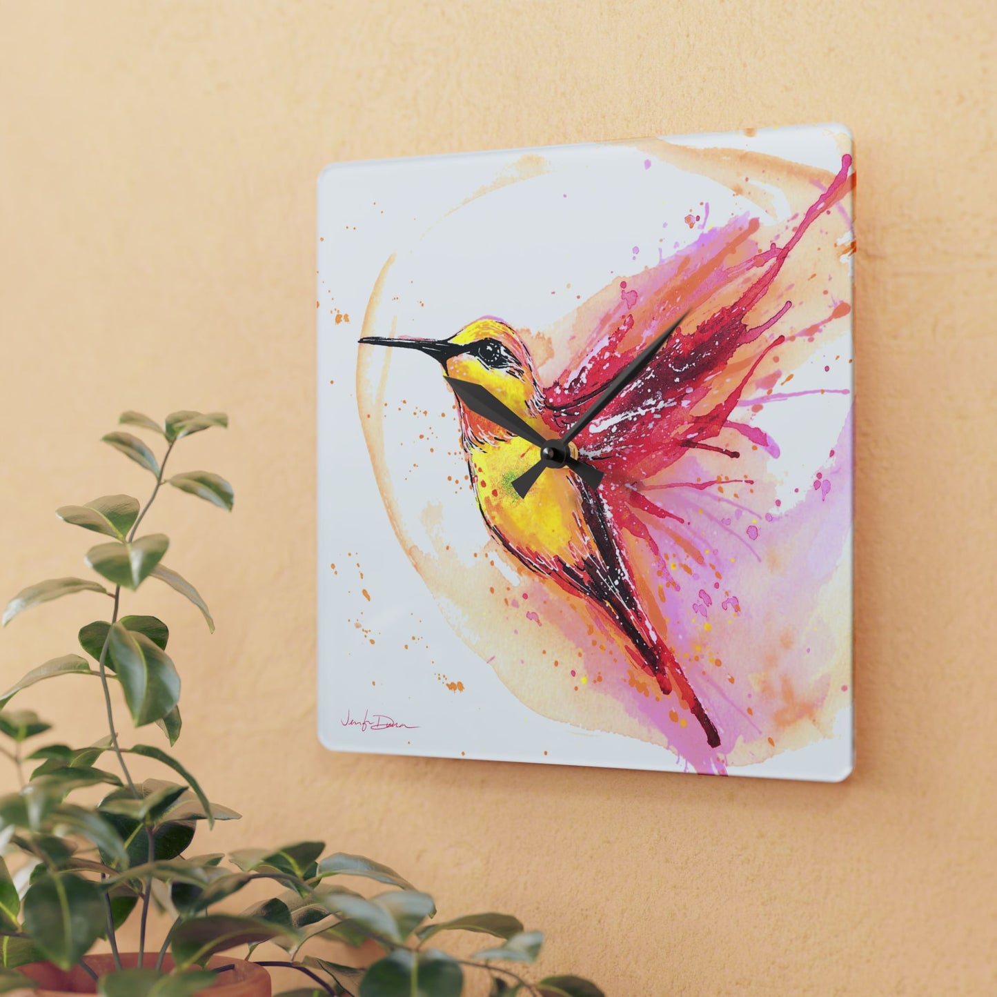 Acrylic Wall Clock - Yellow Hummingbird