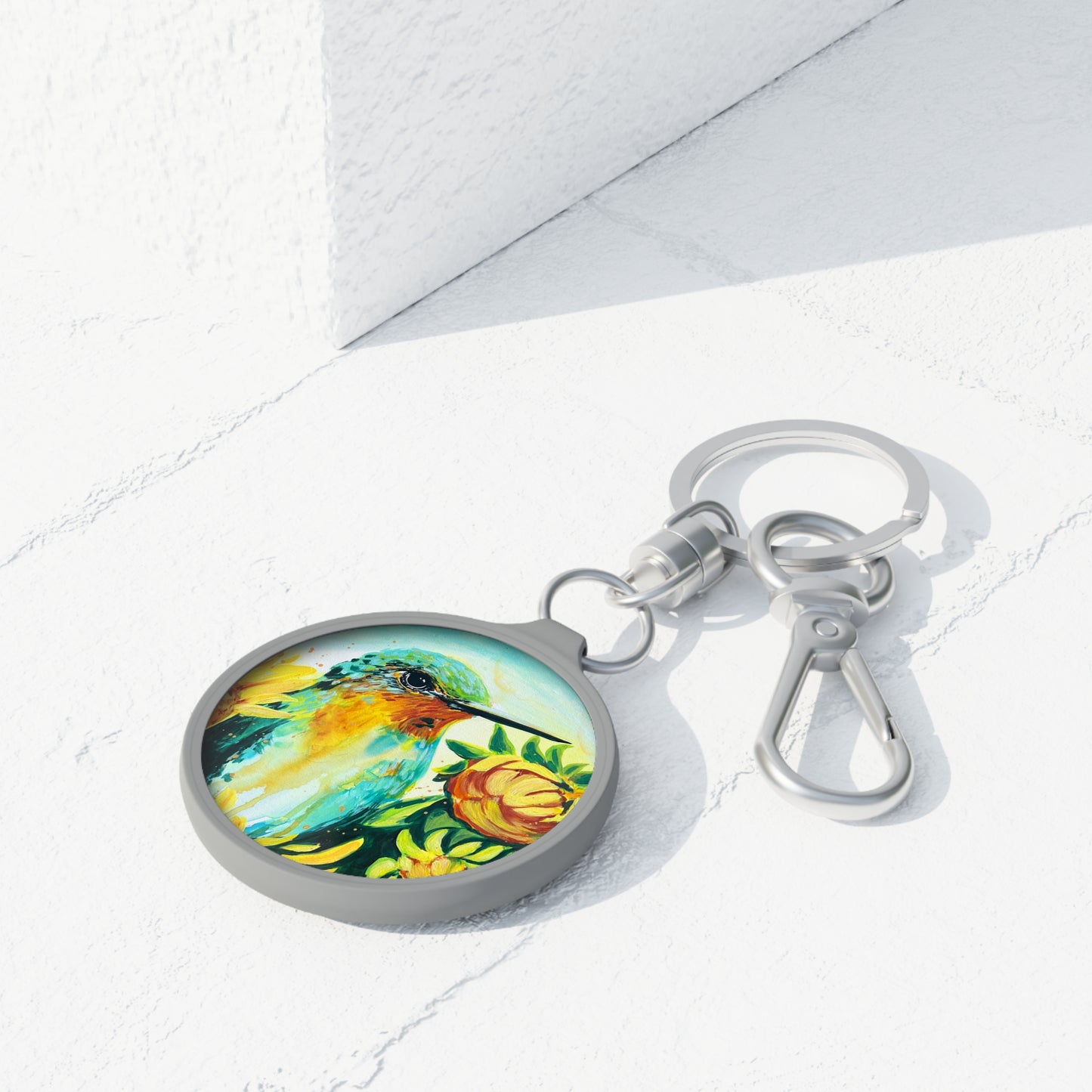 Keyring Tag - Hummingbird with Sunflowers