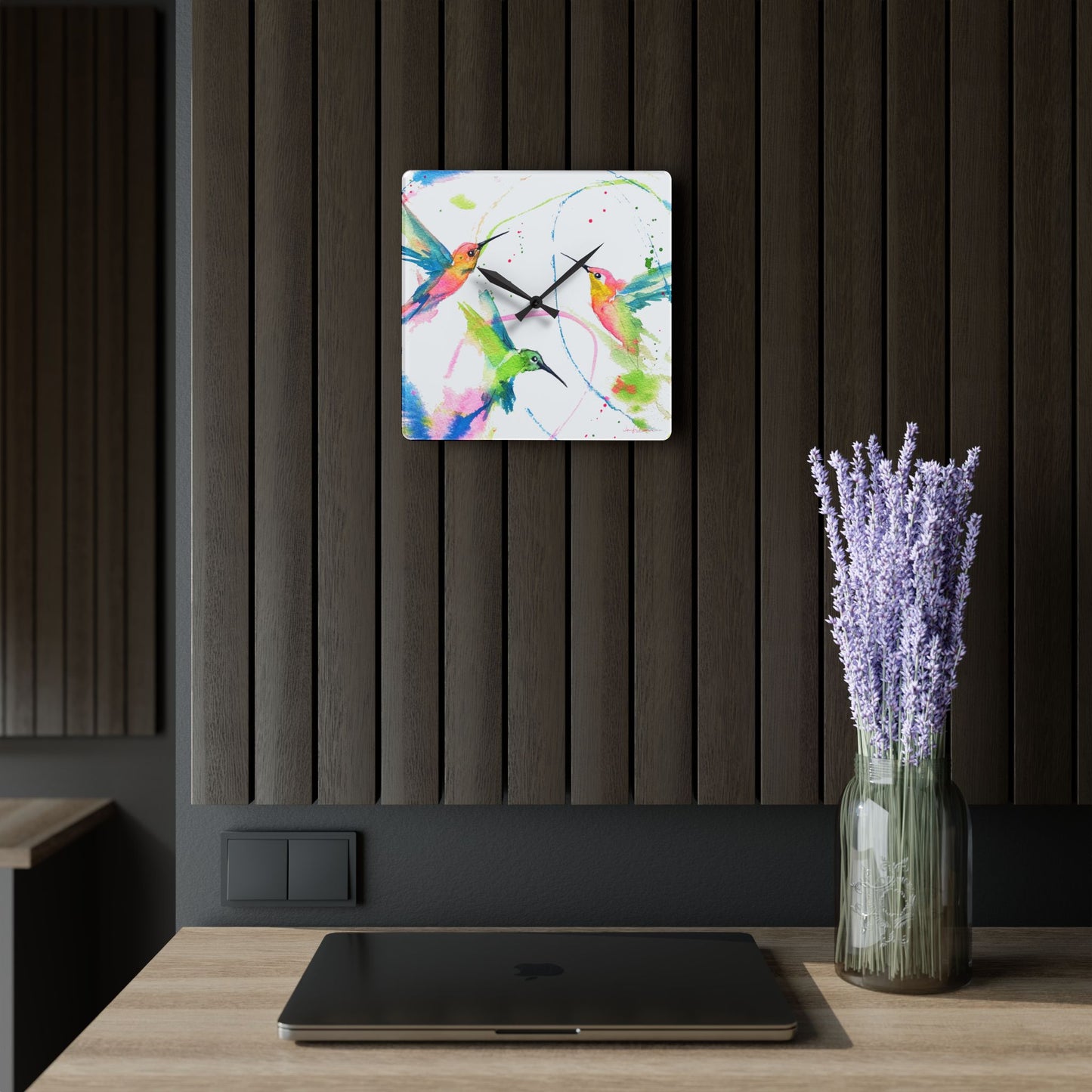 Acrylic Wall Clock - Hummingbird Trio Painting