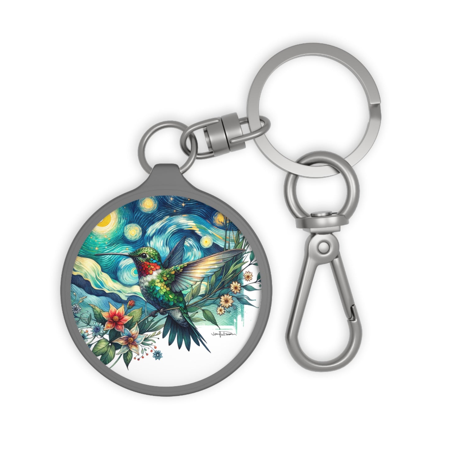 Keyring Tag - Hummingbird w/Starry Night Floral Design