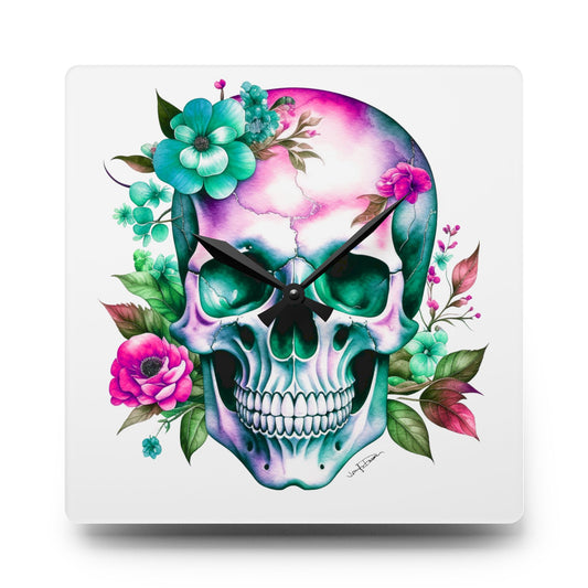 Acrylic Wall Clock - Skull w/Flowers Design