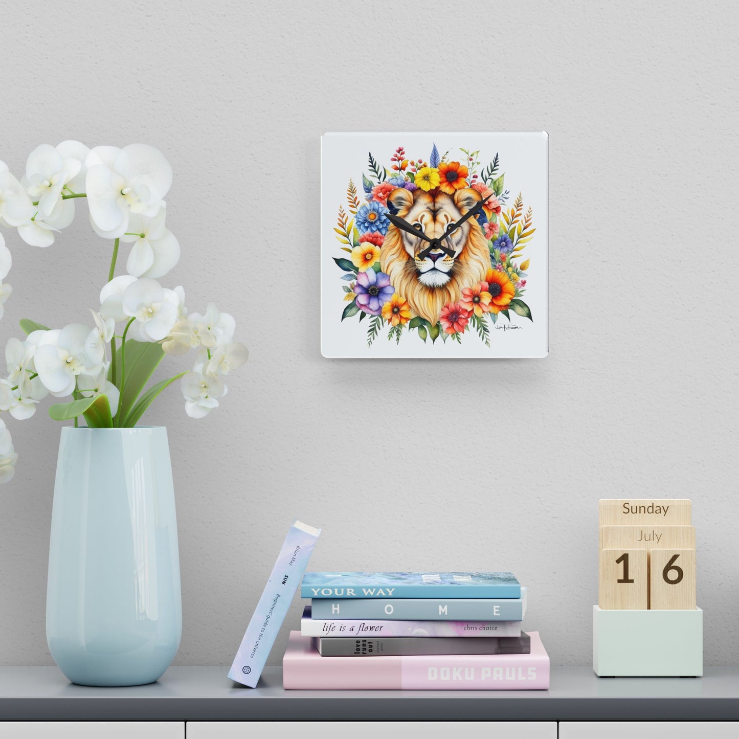 Acrylic Wall Clock - Lion w/Flowers Design