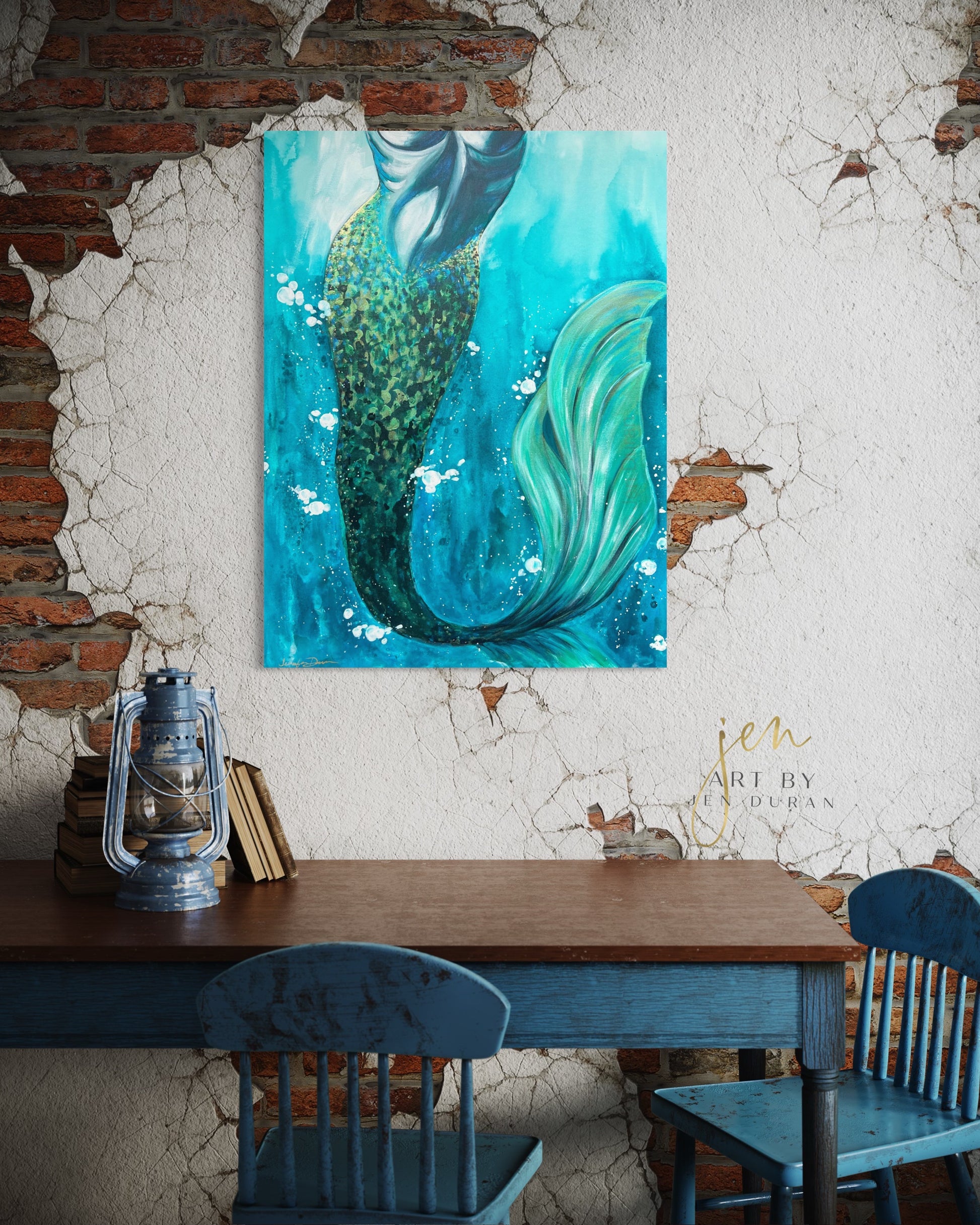 Beautiful Blue Teal Ocean Mermaid Tail Canvas Art By Jen Duran
