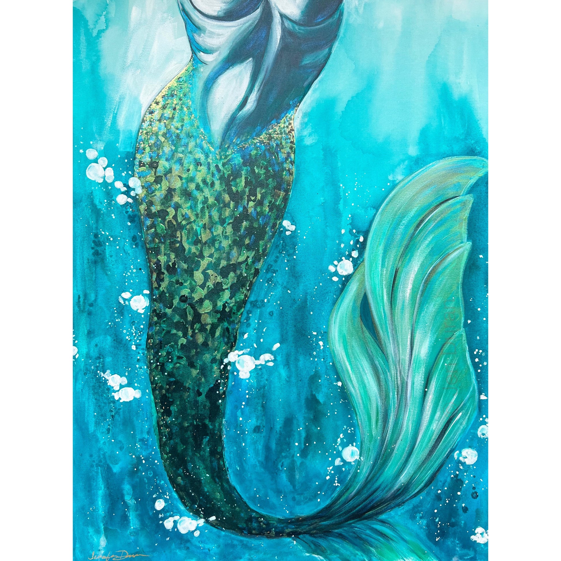 Beautiful Blue Teal Ocean Mermaid Tail Canvas Art By Jen Duran
