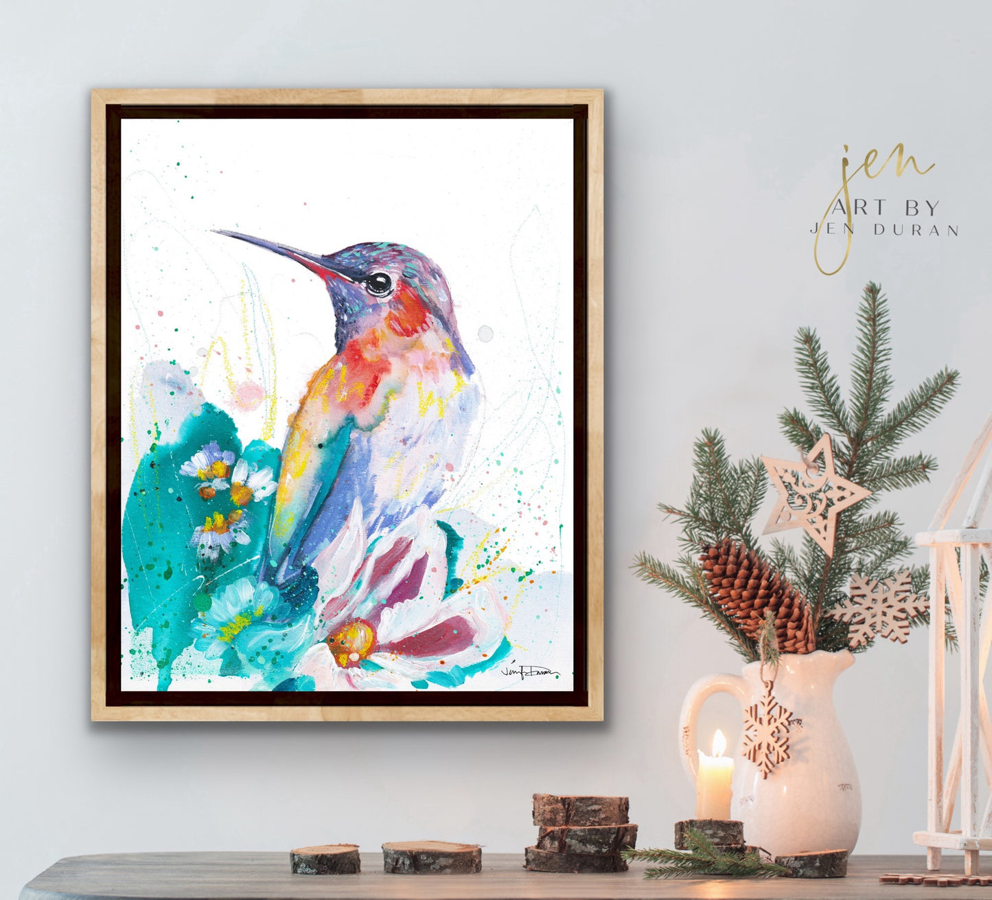 "Hummingbird with Flowers" - Giclée Canvas Print