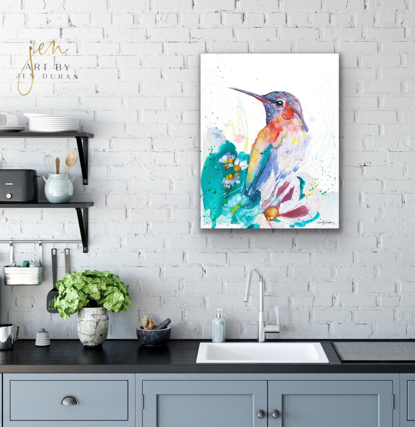 "Hummingbird with Flowers" - Giclée Canvas Print