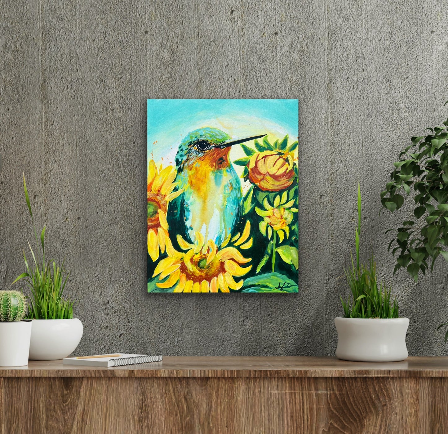 "Hummingbird with Sunflowers" Original Painting