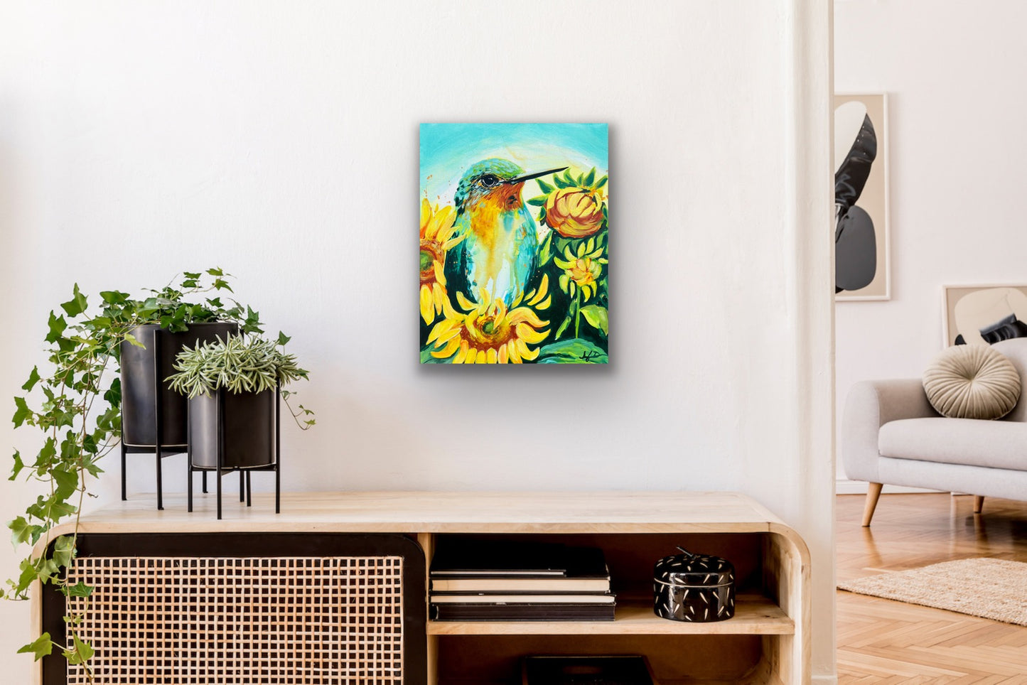 "Hummingbird with Sunflowers" Original Painting