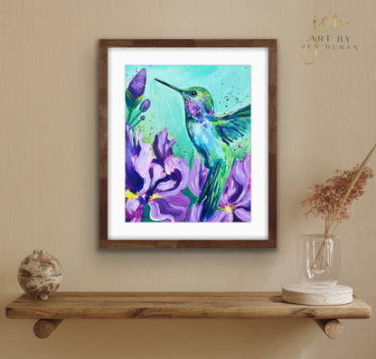 "Hummingbird with Irises" #3 Fine Art Paper Print