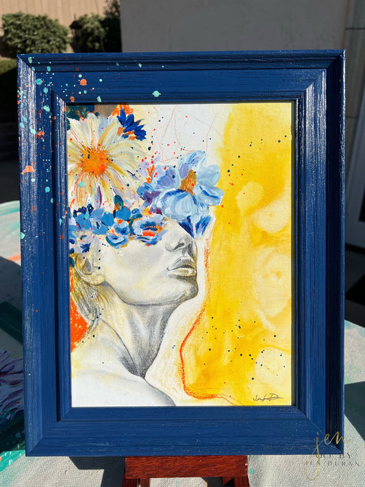 modern watercolor and mixed media painting on canvas floral woman feminie home decor art by jen duran