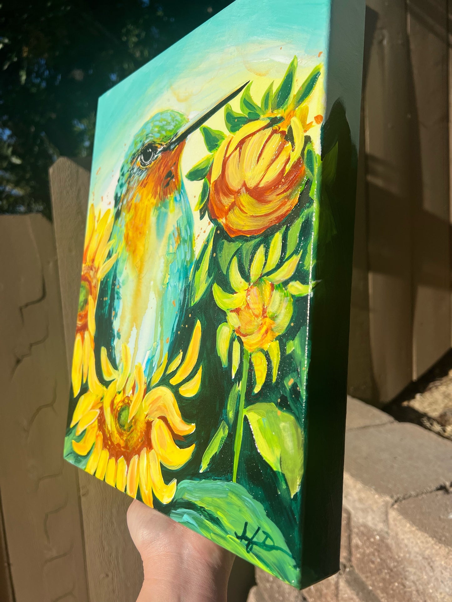 "Hummingbird with Sunflowers" Original Painting