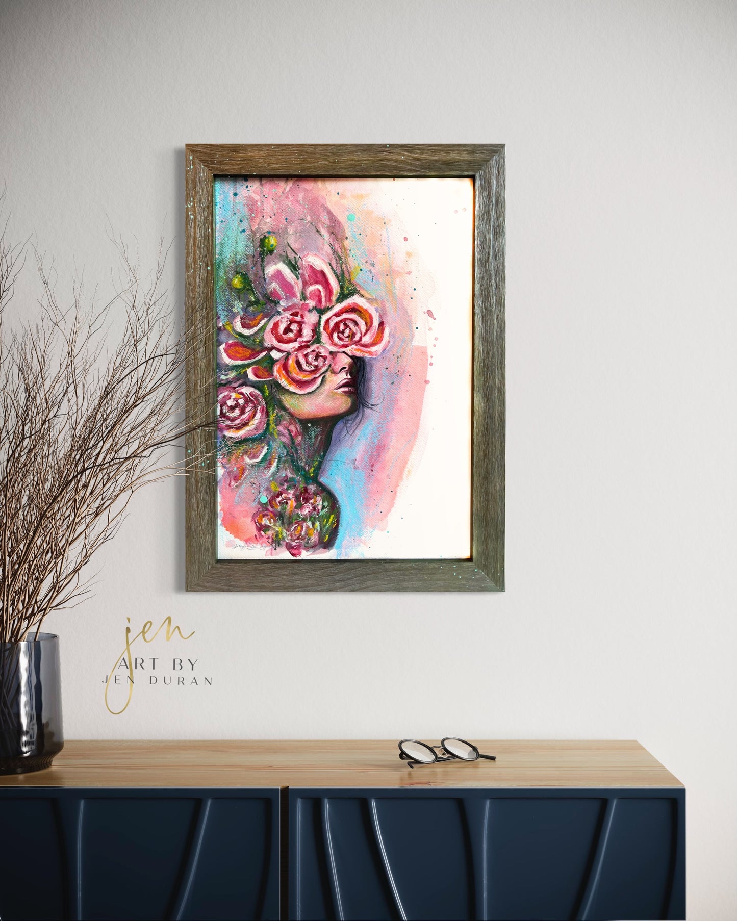 Modern Watercolor Floral Woman Abstract Art Painting By Jen Duran