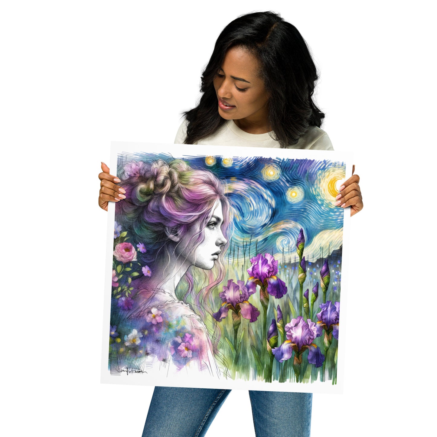 Matte Paper Print - Starry Night Girl w/ Irises