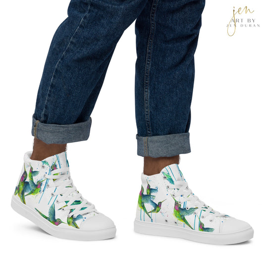 high top shoes, high top sneakers, canvas shoes, trendy shoes, watercolor hummingbird, popular shoes, unique shoe design, mens shoes, womens shoes, trendy fashion, art by jen duran