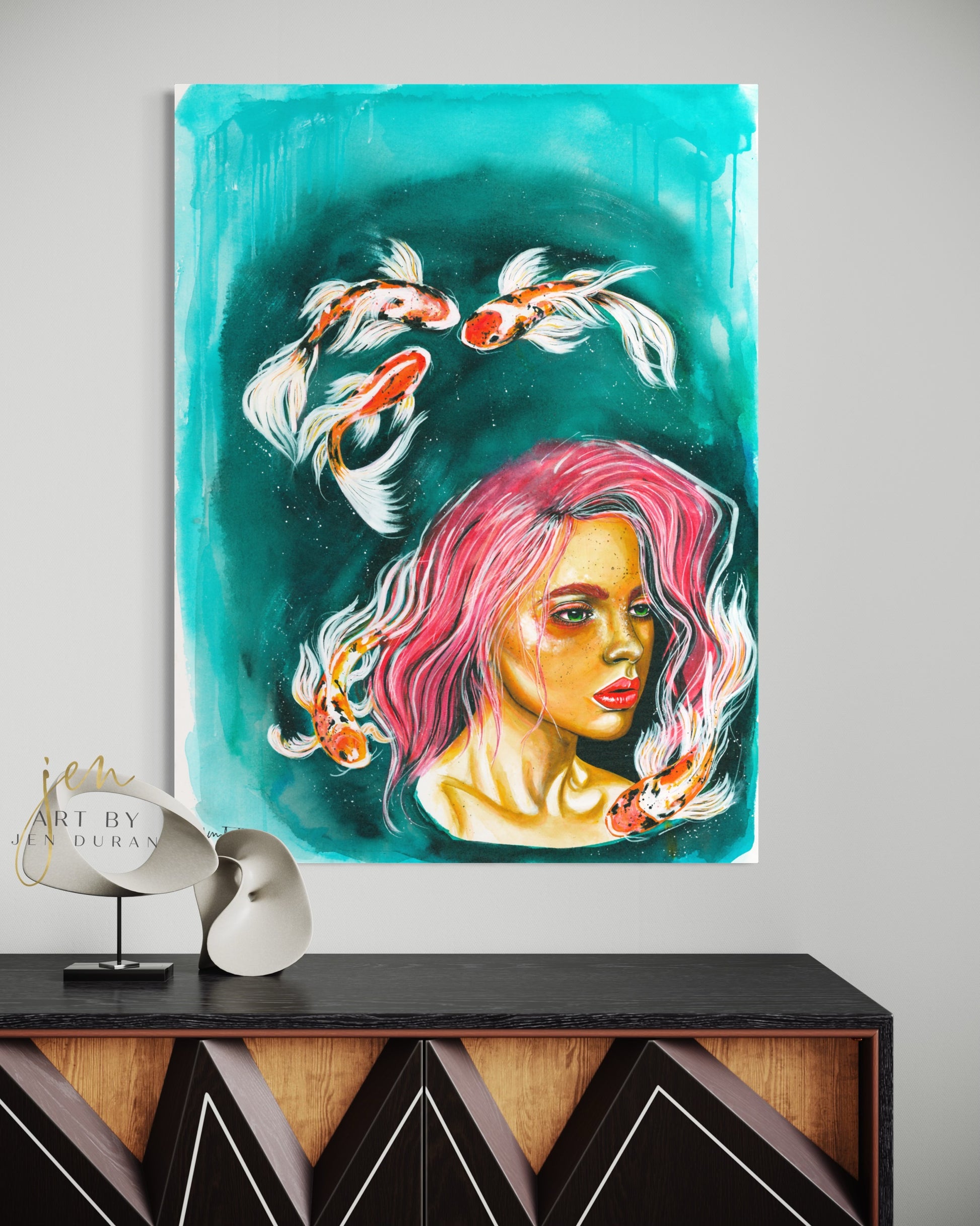Mermaid Koi Fish Canvas Wall Art Painting by Jen Duran