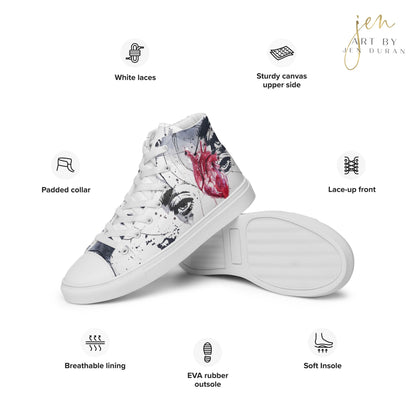 high top shoes, high top sneakers, canvas shoes, trendy fashion, trendy shoes, eye design, popular shoes, unique shoe design, mens shoes, womens shoes, art by jen duran