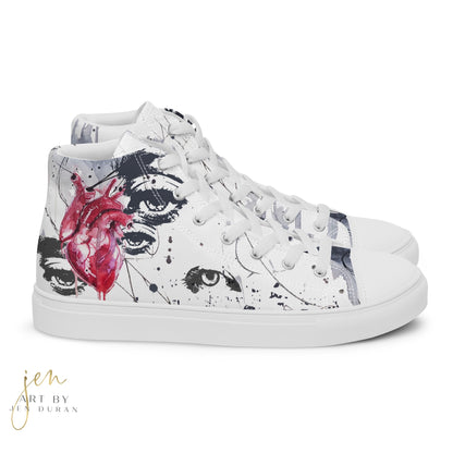 high top shoes, high top sneakers, canvas shoes, trendy fashion, trendy shoes, eye design, popular shoes, unique shoe design, mens shoes, womens shoes, art by jen duran