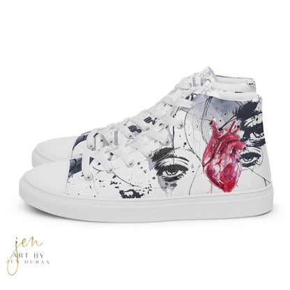 high top shoes, high top sneakers, canvas shoes, trendy fashion, trendy shoes, eye design, popular shoes, unique shoe design, mens shoes, womens shoes, art by jen duran