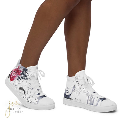 high top shoes, high top sneakers, canvas shoes, trendy fashion, trendy shoes, eye design, popular shoes, unique shoe design, mens shoes, womens shoes, art by jen duran