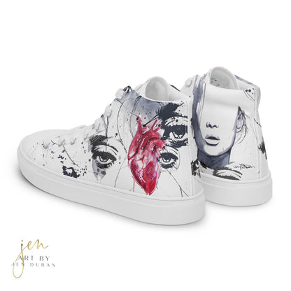 high top shoes, high top sneakers, canvas shoes, trendy fashion, trendy shoes, eye design, popular shoes, unique shoe design, mens shoes, womens shoes, art by jen duran