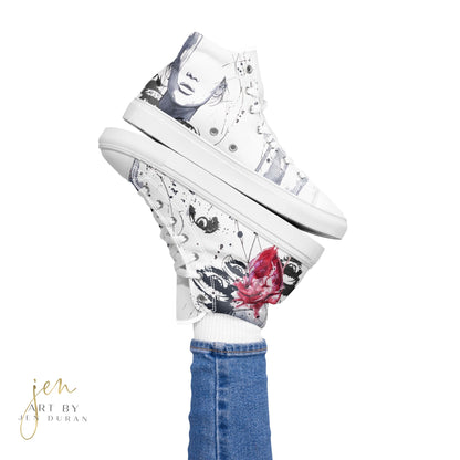 high top shoes, high top sneakers, canvas shoes, trendy fashion, trendy shoes, eye design, popular shoes, unique shoe design, mens shoes, womens shoes, art by jen duran