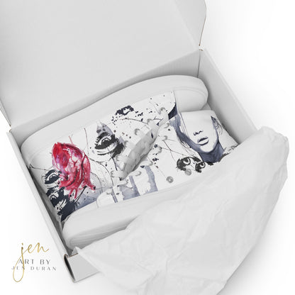 high top shoes, high top sneakers, canvas shoes, trendy fashion, trendy shoes, eye design, popular shoes, unique shoe design, mens shoes, womens shoes, art by jen duran