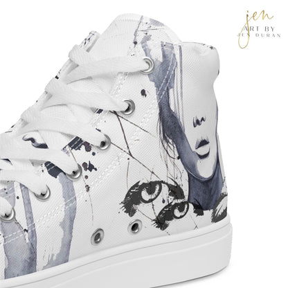 high top shoes, high top sneakers, canvas shoes, trendy shoes, trendy fashion, unique shoe design, mens shoes, womens shoes, art by jen duran 