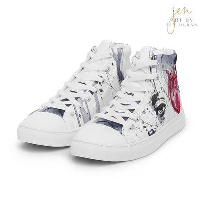 high top shoes, high top sneakers, canvas shoes, trendy fashion, trendy shoes, eye design, popular shoes, unique shoe design, mens shoes, womens shoes, art by jen duran