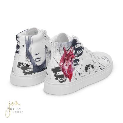 high top shoes, high top sneakers, canvas shoes, trendy fashion, trendy shoes, eye design, popular shoes, unique shoe design, mens shoes, womens shoes, art by jen duran