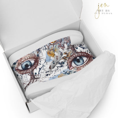 high top shoes, high top sneakers, canvas shoes, trendy shoes, eye design, popular shoes, unique shoe design, mens shoes, womens shoes, art by jen duran