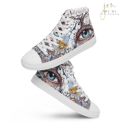 high top shoes, high top sneakers, canvas shoes, trendy shoes, eye design, popular shoes, unique shoe design, mens shoes, womens shoes, art by jen duran