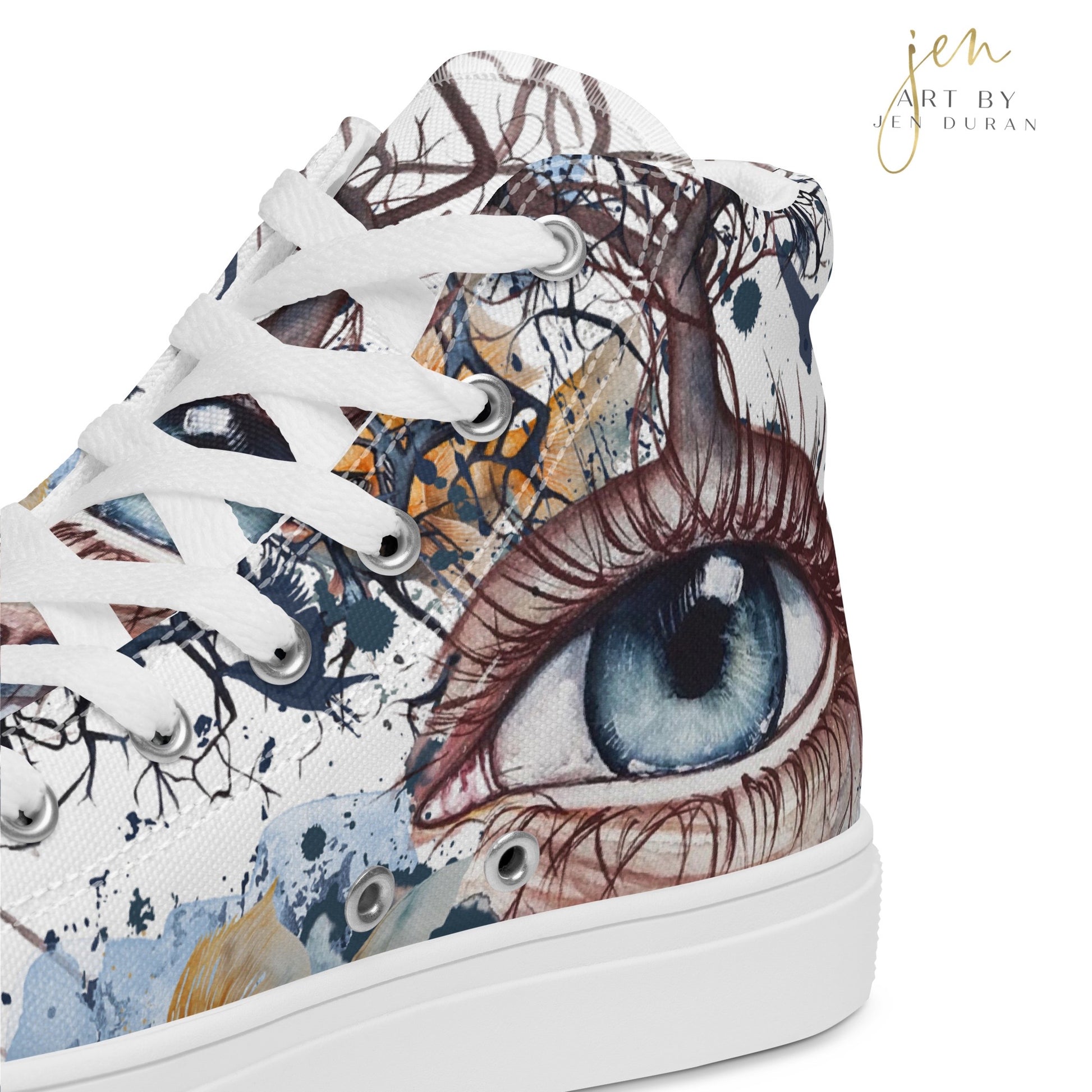 high top shoes, high top sneakers, canvas shoes, trendy shoes, eye design, popular shoes, unique shoe design, mens shoes, womens shoes, art by jen duran