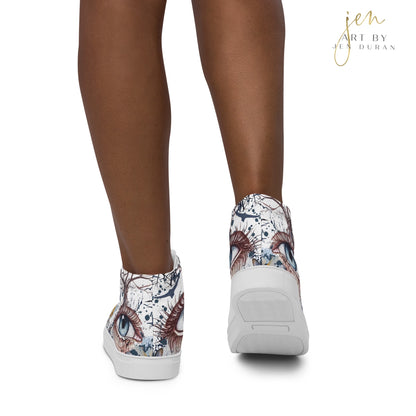 high top shoes, high top sneakers, canvas shoes, trendy shoes, eye design, popular shoes, unique shoe design, mens shoes, womens shoes, art by jen duran