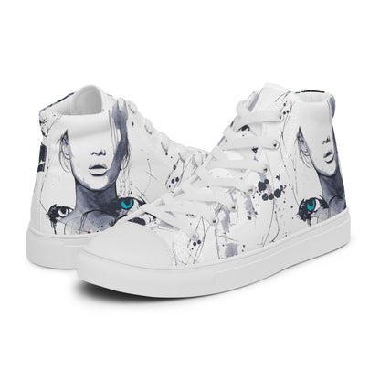 high top shoes, high top sneakers, canvas shoes, trendy shoes, eye design, popular shoes, unique shoe design, mens shoes, womens shoes, art by jen duran