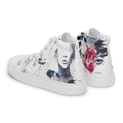 high top shoes, high top sneakers, canvas shoes, trendy shoes, eye design, popular shoes, unique shoe design, mens shoes, womens shoes, art by jen duran