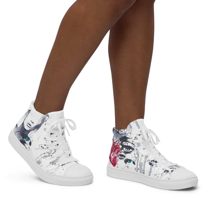 high top shoes, high top sneakers, canvas shoes, trendy shoes, eye design, popular shoes, unique shoe design, mens shoes, womens shoes, art by jen duran