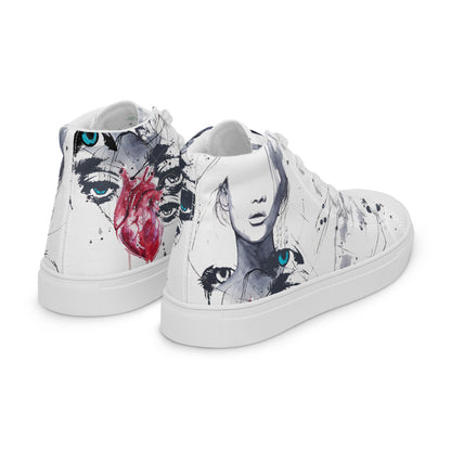 high top shoes, high top sneakers, canvas shoes, trendy shoes, eye design, popular shoes, unique shoe design, mens shoes, womens shoes, art by jen duran