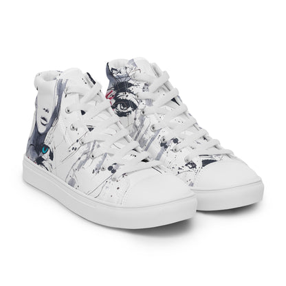 high top shoes, high top sneakers, canvas shoes, trendy shoes, eye design, popular shoes, unique shoe design, mens shoes, womens shoes, art by jen duran