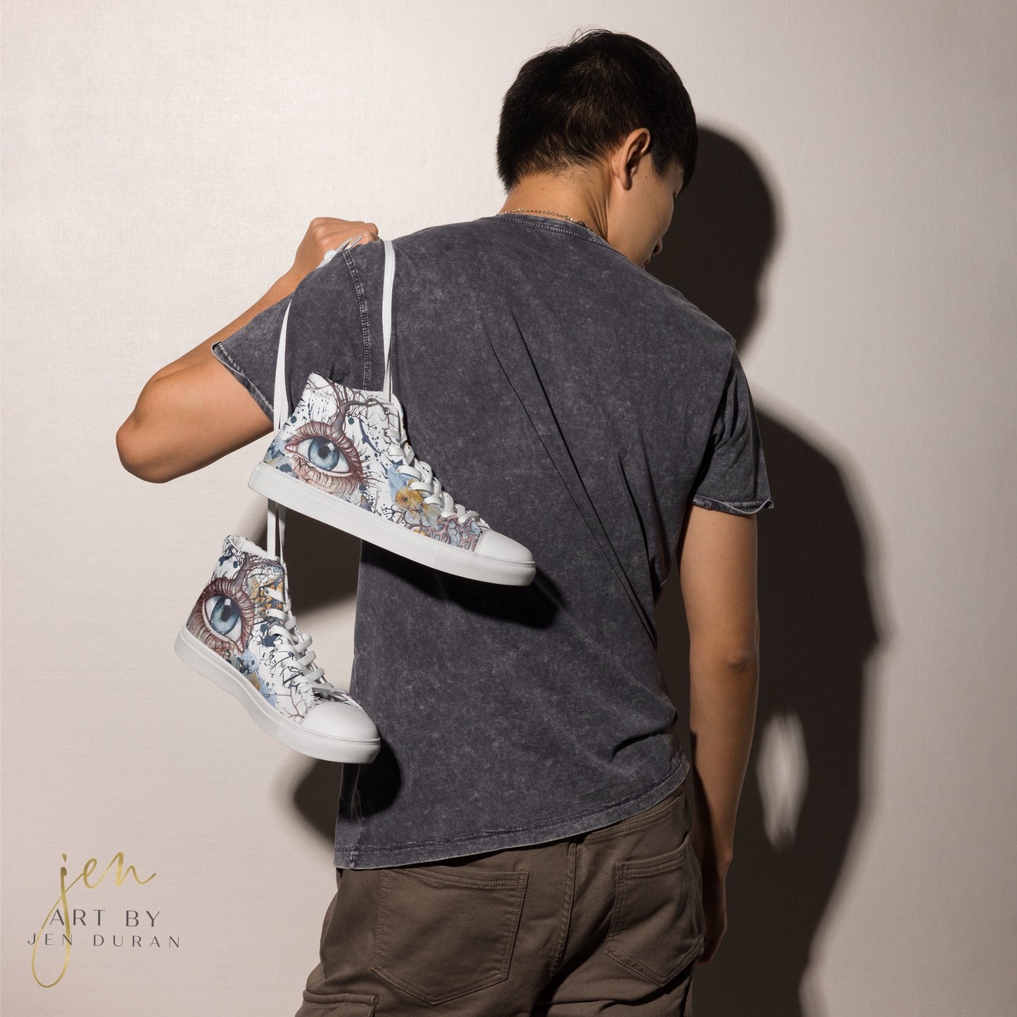 high top shoes, high top sneakers, canvas shoes, trendy shoes, eye design, popular shoes, unique shoe design, mens shoes, womens shoes, art by jen duran