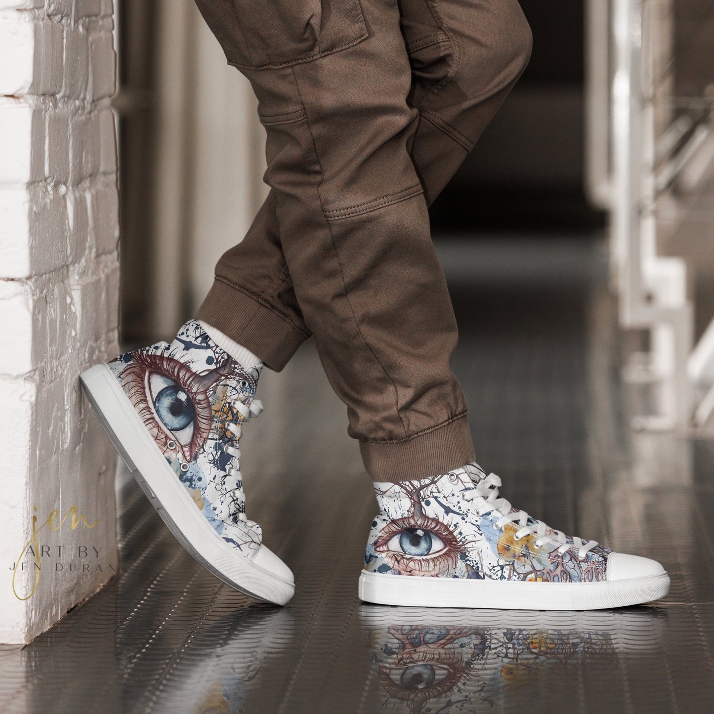 high top shoes, high top sneakers, canvas shoes, trendy shoes, eye design, popular shoes, unique shoe design, mens shoes, womens shoes, art by jen duran