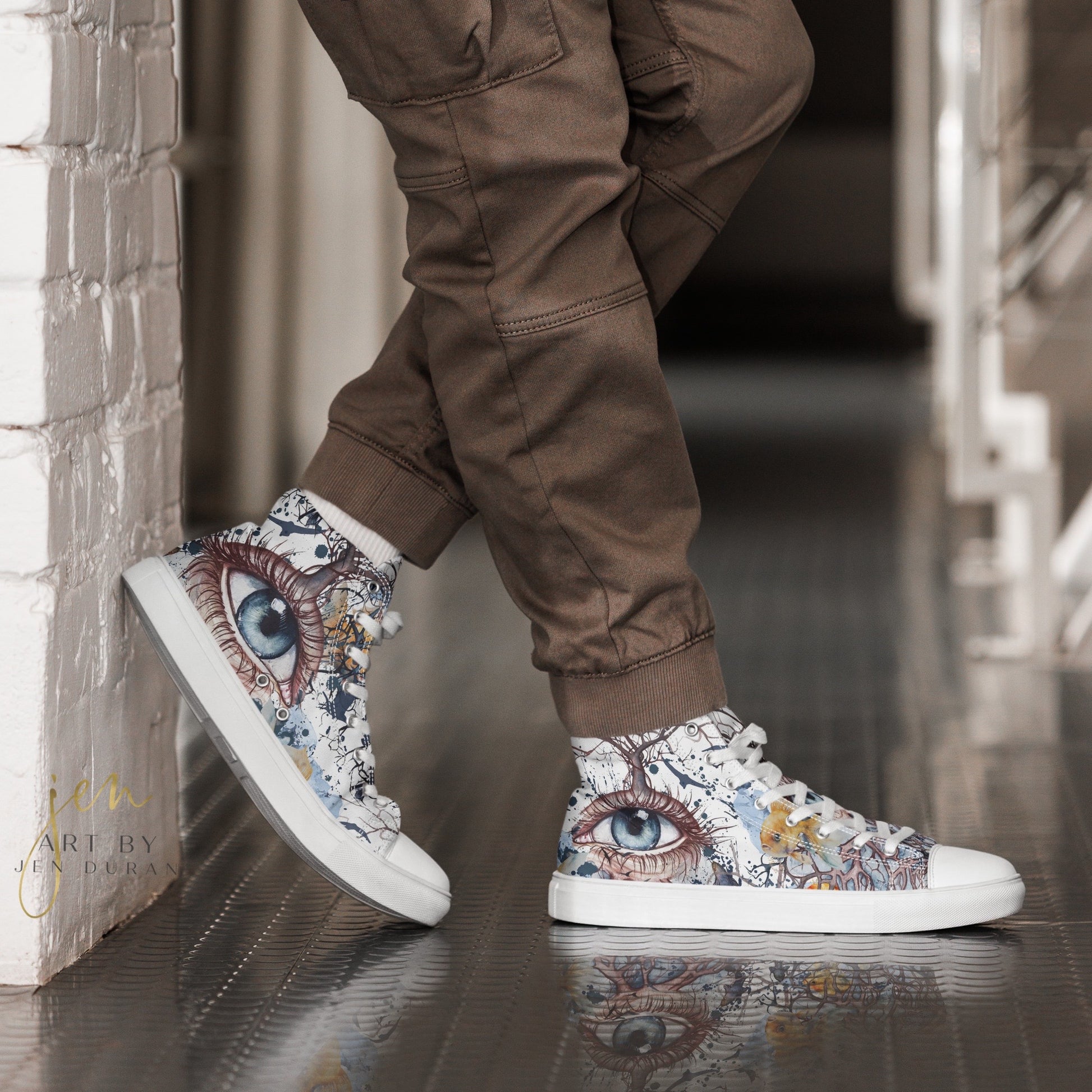 high top shoes, high top sneakers, canvas shoes, trendy shoes, eye design, popular shoes, unique shoe design, mens shoes, womens shoes, art by jen duran