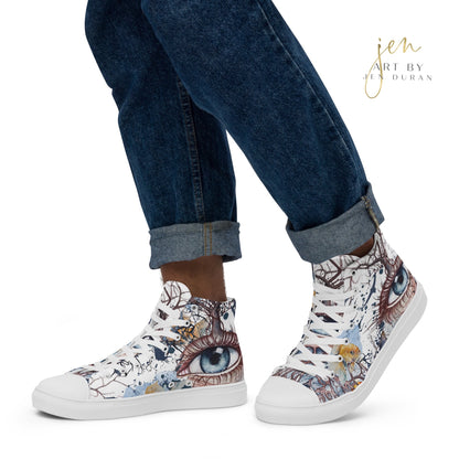 high top shoes, high top sneakers, canvas shoes, trendy shoes, eye design, popular shoes, unique shoe design, mens shoes, womens shoes, art by jen duran