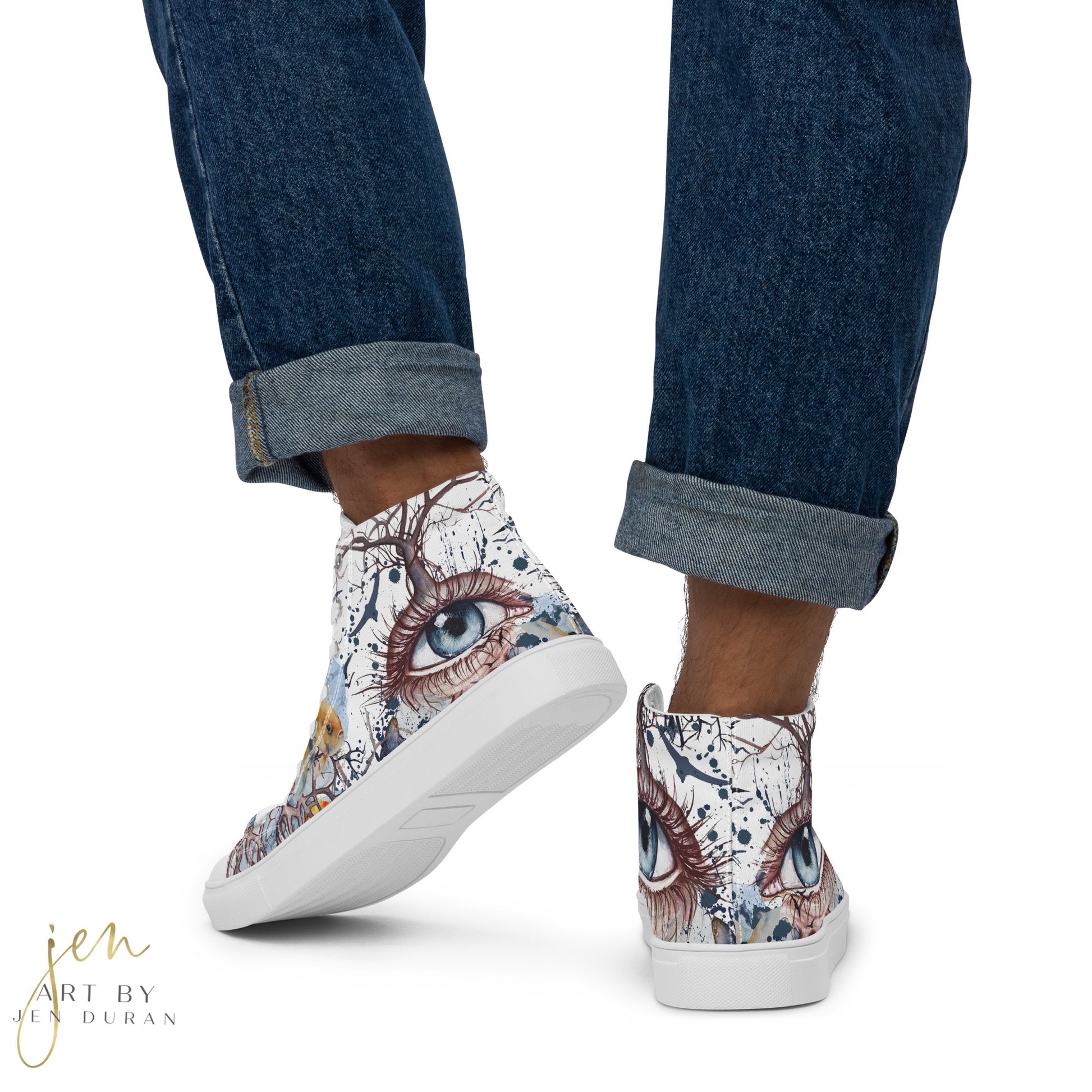 high top shoes, high top sneakers, canvas shoes, trendy shoes, eye design, popular shoes, unique shoe design, mens shoes, womens shoes, art by jen duran