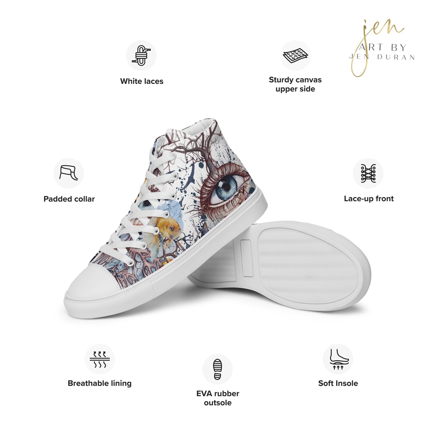 high top shoes, high top sneakers, canvas shoes, trendy shoes, eye design, popular shoes, unique shoe design, mens shoes, womens shoes, art by jen duran