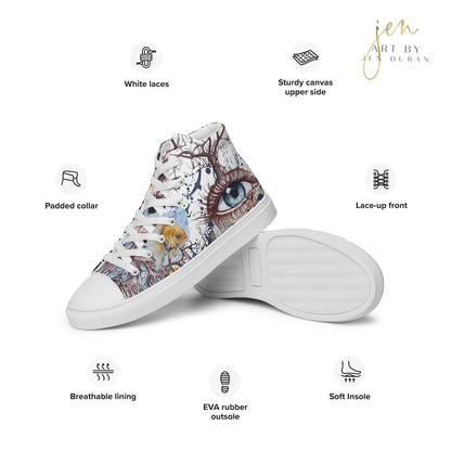 high top shoes, high top sneakers, canvas shoes, trendy shoes, eye design, popular shoes, unique shoe design, mens shoes, womens shoes, art by jen duran