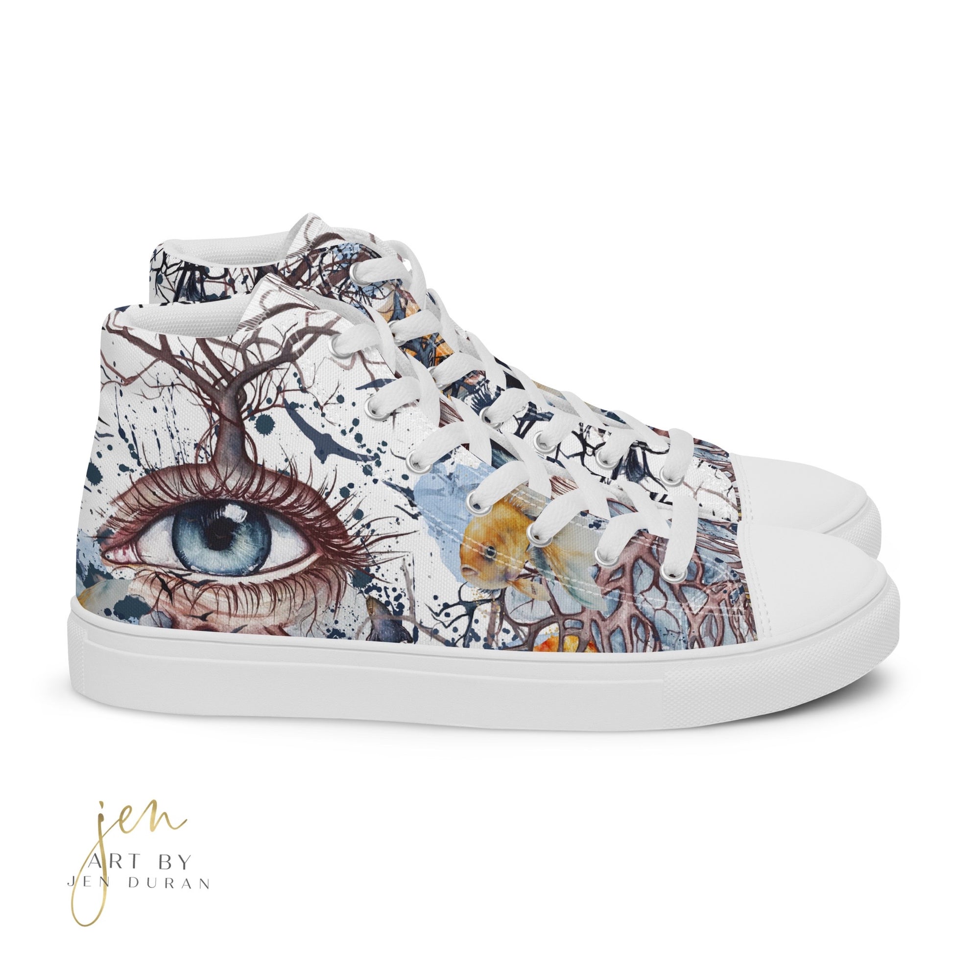 high top shoes, high top sneakers, canvas shoes, trendy shoes, eye design, popular shoes, unique shoe design, mens shoes, womens shoes, art by jen duran