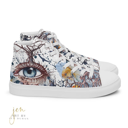 high top shoes, high top sneakers, canvas shoes, trendy shoes, eye design, popular shoes, unique shoe design, mens shoes, womens shoes, art by jen duran