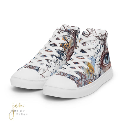 high top shoes, high top sneakers, canvas shoes, trendy shoes, eye design, popular shoes, unique shoe design, mens shoes, womens shoes, art by jen duran